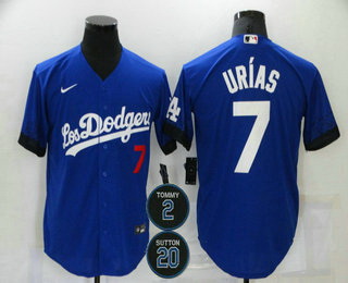 Men Los Angeles Dodgers 7 Julio Urias Blue 2 20 Patch City Connect Number Cool Base Stitched Jersey