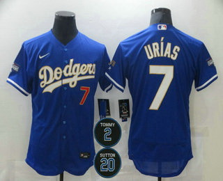 Men Los Angeles Dodgers 7 Julio Urias Blue Gold 2 20 Patch Stitched MLB Flex Base Nike Jersey