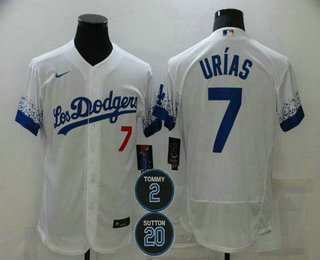 Men Los Angeles Dodgers 7 Julio Urias White 2 20 Patch City Connect Flex Base Stitched Jersey