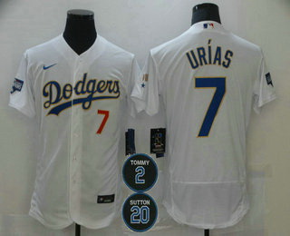 Men Los Angeles Dodgers 7 Julio Urias White Gold 2 20 Patch Stitched MLB Flex Base Nike Jersey