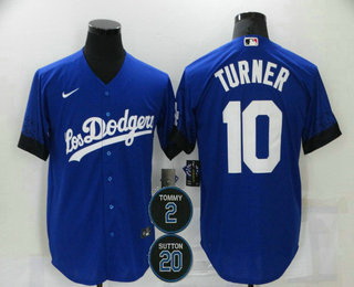 Men Los Angeles Dodgers 10 Justin Turner Blue 2 20 Patch City Connect Cool Base Stitched Jersey