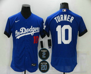 Men Los Angeles Dodgers 10 Justin Turner Blue 2 20 Patch City Connect Flex Base Stitched Jersey