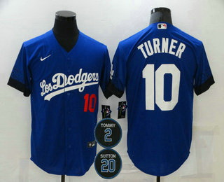 Men Los Angeles Dodgers 10 Justin Turner Blue 2 20 Patch City Connect Number Cool Base Stitched Jers