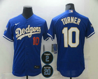 Men Los Angeles Dodgers 10 Justin Turner Blue Gold 2 20 Patch Stitched MLB Flex Base Nike Jersey