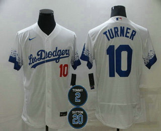 Men Los Angeles Dodgers 10 Justin Turner White 2 20 Patch City Connect Flex Base Stitched Jersey