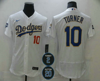 Men Los Angeles Dodgers 10 Justin Turner White Gold 2 20 Patch Stitched MLB Flex Base Nike Jersey