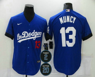 Men Los Angeles Dodgers 13 Max Muncy Blue 2 20 Patch City Connect Number Cool Base Stitched Jersey