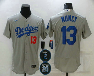 Men Los Angeles Dodgers 13 Max Muncy Grey 2 20 Patch Stitched MLB Flex Base Nike Jersey