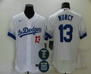 Men Los Angeles Dodgers 13 Max Muncy White 2 20 Patch City Connect Flex Base Stitched Jersey