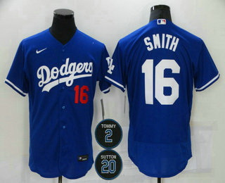 Men Los Angeles Dodgers 16 Will Smith Blue 2 20 Patch Stitched MLB Flex Base Nike Jersey