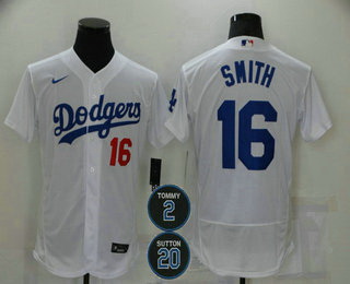 Men Los Angeles Dodgers 16 Will Smith White 2 20 Patch Stitched MLB Flex Base Nike Jersey