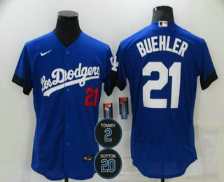 Men Los Angeles Dodgers 21 Walker Buehler Blue 2 20 Patch City Connect Flex Base Stitched Jersey