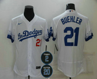 Men Los Angeles Dodgers 21 Walker Buehler White 2 20 Patch City Connect Flex Base Stitched Jersey