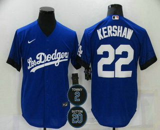 Men Los Angeles Dodgers 22 Clayton Kershaw Blue 2 20 Patch City Connect Cool Base Stitched Jersey