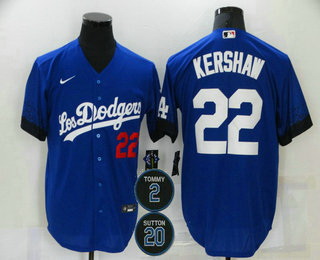 Men Los Angeles Dodgers 22 Clayton Kershaw Blue 2 20 Patch City Connect Number Cool Base Stitched Je