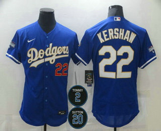 Men Los Angeles Dodgers 22 Clayton Kershaw Blue Gold 2 20 Patch Stitched MLB Flex Base Nike Jersey