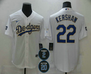 Men Los Angeles Dodgers 22 Clayton Kershaw White Gold 2 20 Patch Stitched MLB Cool Base Nike Jersey