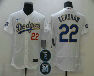 Men Los Angeles Dodgers 22 Clayton Kershaw White Gold 2 20 Patch Stitched MLB Flex Base Nike Jersey