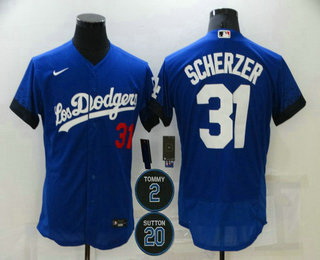 Men Los Angeles Dodgers 31 Max Scherzer Blue 2 20 Patch City Connect Flex Base Stitched Jersey