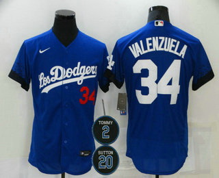 Men Los Angeles Dodgers 34 Fernando Valenzuela Blue 2 20 Patch City Connect Flex Base Stitched Jerse