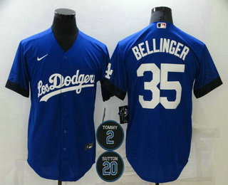 Men Los Angeles Dodgers 35 Cody Bellinger Blue 2 20 Patch City Connect Cool Base Stitched Jersey