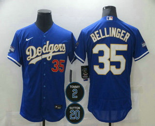 Men Los Angeles Dodgers 35 Cody Bellinger Blue Gold 2 20 Patch Stitched MLB Flex Base Nike Jersey