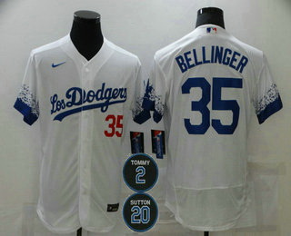 Men Los Angeles Dodgers 35 Cody Bellinger White 2 20 Patch City Connect Flex Base Stitched Jersey