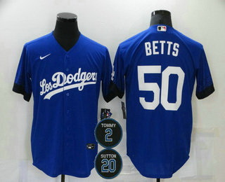 Men Los Angeles Dodgers 50 Mookie Betts Blue 2 20 Patch City Connect Cool Base Stitched Jersey