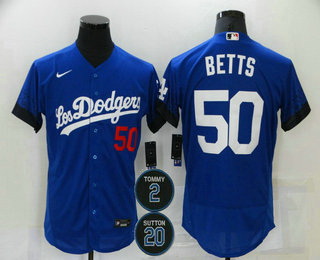 Men Los Angeles Dodgers 50 Mookie Betts Blue 2 20 Patch City Connect Flex Base Stitched Jersey