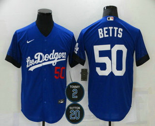 Men Los Angeles Dodgers 50 Mookie Betts Blue 2 20 Patch City Connect Number Cool Base Stitched Jerse