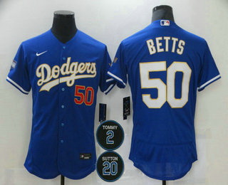 Men Los Angeles Dodgers 50 Mookie Betts Blue Gold 2 20 Patch Stitched MLB Flex Base Nike Jersey