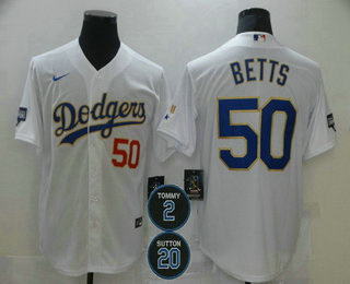 Men Los Angeles Dodgers 50 Mookie Betts Red Number White Gold 2 20 Patch Stitched MLB Cool Base Nike