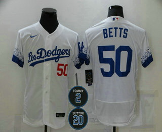 Men Los Angeles Dodgers 50 Mookie Betts White 2 20 Patch City Connect Flex Base Stitched Jersey