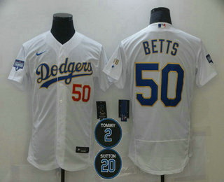 Men Los Angeles Dodgers 50 Mookie Betts White Gold 2 20 Patch Flex Base Sttiched MLB Jersey