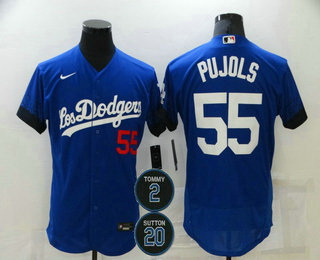 Men Los Angeles Dodgers 55 Albert Pujols Blue 2 20 Patch City Connect Flex Base Stitched Jersey