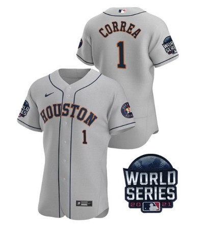 Men Houston Astros 1 Carlos Correa 2021 Grey World Series Flex Base Stitched Baseball Jersey