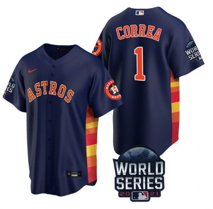 Men Houston Astros 1 Carlos Correa 2021 Navy World Series Cool Base Stitched Baseball Jersey