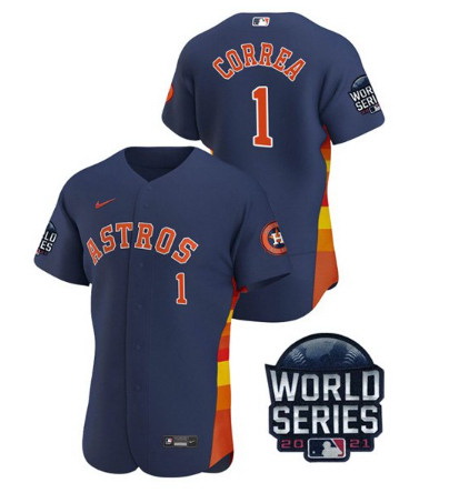 Men Houston Astros 1 Carlos Correa 2021 Navy World Series Flex Base Stitched Baseball Jersey