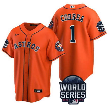 Men Houston Astros 1 Carlos Correa 2021 Orange World Series Cool Base Stitched Baseball Jersey