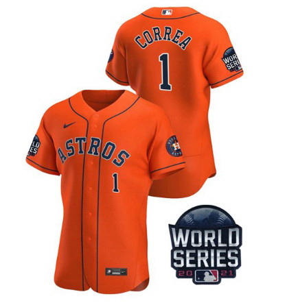 Men Houston Astros 1 Carlos Correa 2021 Orange World Series Flex Base Stitched Baseball Jersey