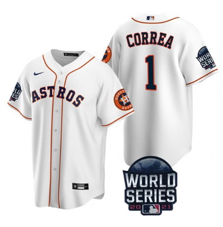 Men Houston Astros 1 Carlos Correa 2021 White World Series Cool Base Stitched Baseball Jersey