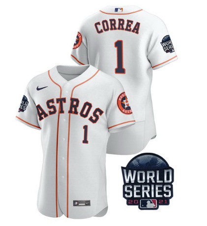 Men Houston Astros 1 Carlos Correa 2021 White World Series Flex Base Stitched Baseball Jersey