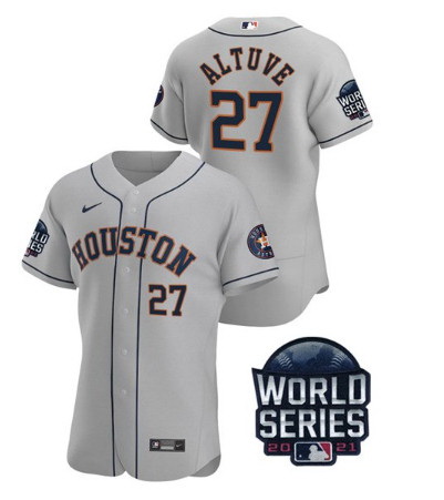 Men Houston Astros 27 Jose Altuve 2021 Grey World Series Flex Base Stitched Baseball Jersey