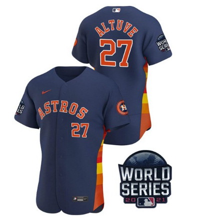 Men Houston Astros 27 Jose Altuve 2021 Navy World Series Flex Base Stitched Baseball Jersey