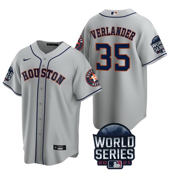 Men Houston Astros 35 Justin Verlander 2021 Grey World Series Cool Base Stitched Baseball Jersey