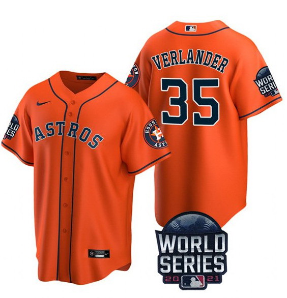 Men Houston Astros 35 Justin Verlander 2021 Orange World Series Cool Base Stitched Baseball Jersey