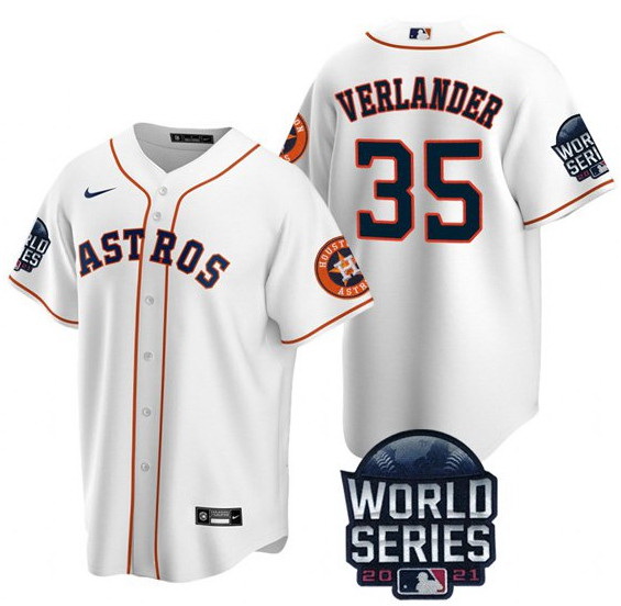 Men Houston Astros 35 Justin Verlander 2021 White World Series Cool Base Stitched Baseball Jersey