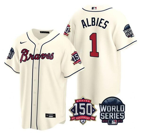 Men Atlanta Braves 1 Ozzie Albies 2021 Cream World Series With 150th Anniversary Patch Cool Base Sti