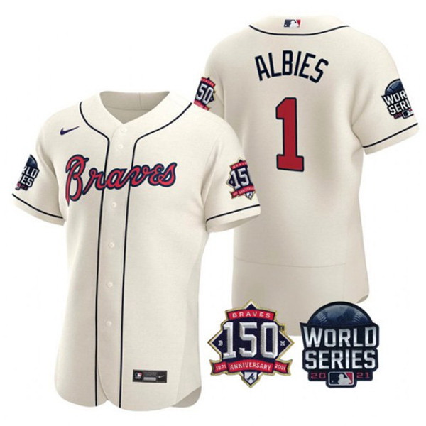 Men Atlanta Braves 1 Ozzie Albies 2021 Cream World Series With 150th Anniversary Patch Stitched Base