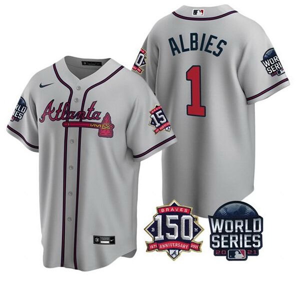 Men Atlanta Braves 1 Ozzie Albies 2021 Gray World Series With 150th Anniversary Patch Cool Base Stit